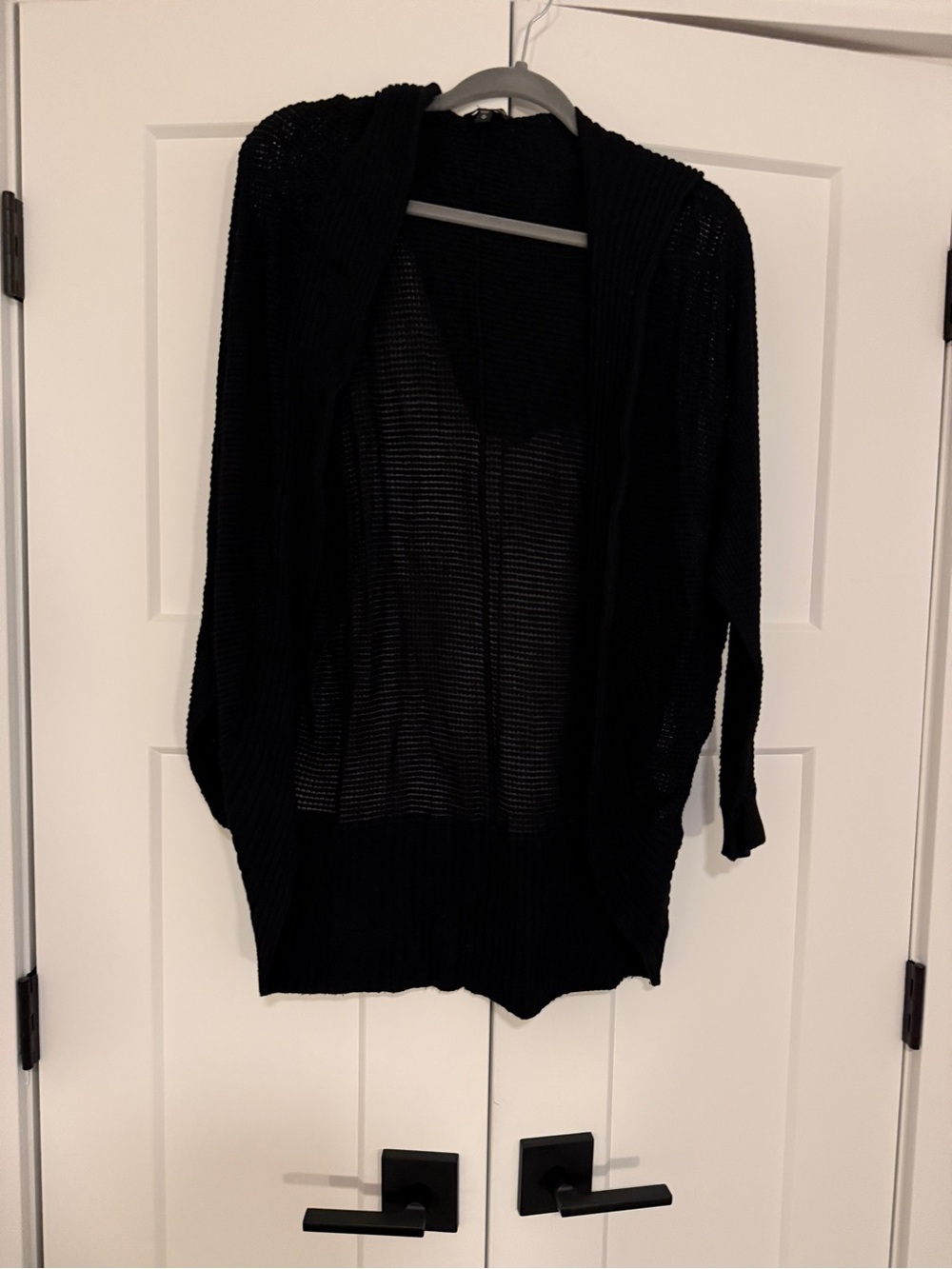 Black crochet hooded cocoon open cardigan